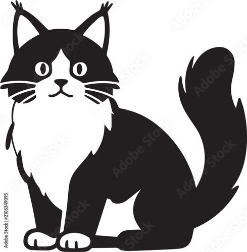 Картината върху платно A charming cartoon illustration of a fluffy black and white cat with large ears and a bushy tail, sitting attentively