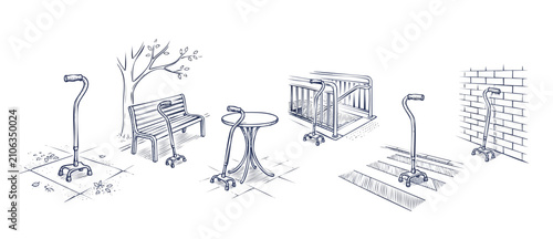 Quad walking cane line art vector illustration set of mobility aid in daily outdoor city locations, showing accessibility, safety, rehab concepts for elderly senior citizens on a white background