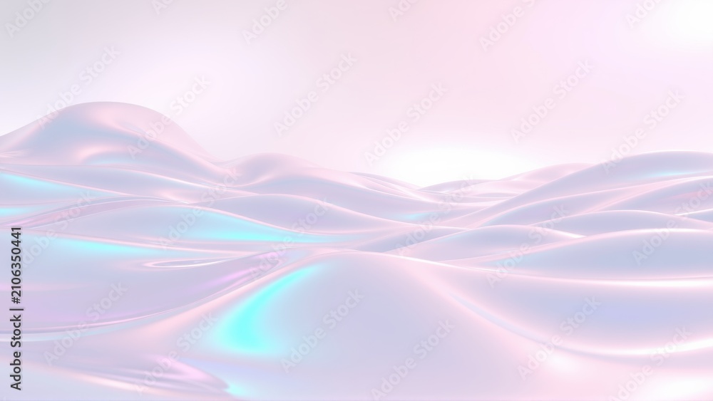 Naklejka premium Abstract waves, soft pastel colors, iridescent surface. Light source creates gentle glow, smooth forms dominate composition.