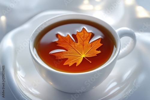 Ceramic cup filled with sweet maple syrup featuring a floating autumn leaf shape inside