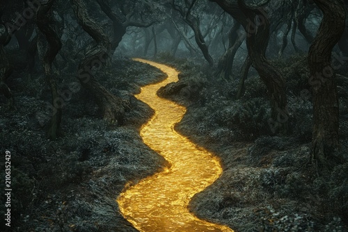 Syrup forming a glowing golden path winding through a dark mystical forest