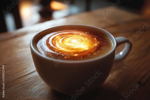 Cup of coffee with sweet maple syrup forming a glowing swirling galaxy inside a white mug