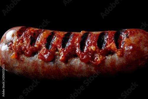 Grilled german bratwurst sausages served with sauerkraut on an isolated black background