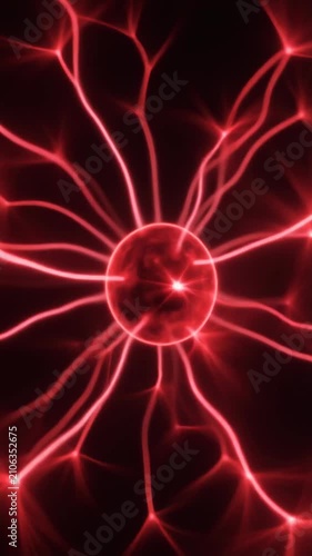 Cinematic 3D animation of an intense red energy core radiating powerful light. Pulsating ele