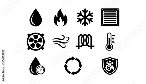 Flame Icon Set with Water Droplet, Snowflake, Thermometer, Shield, and Gear Symbols for Weather Concept Design
