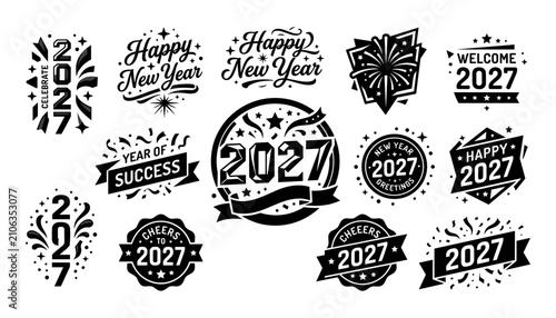 Badge Set with Happy New Year Typography, 2027 Numerals, and Celebratory Ribbons for Holiday Designs