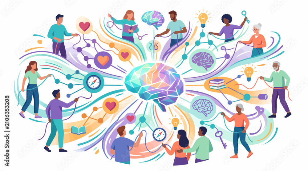 Fototapeta premium Diverse people connect to a central brain, symbolizing collective intelligence, shared ideas, and community collaboration in a vibrant illustration.