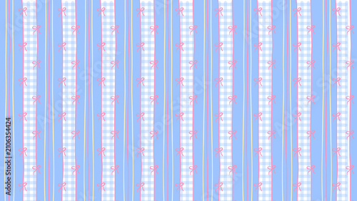 Seamless Pastel Blue and Pink Floral Pattern with White Grid Lines for Cute Fabric Background and Digital Wallpaper
