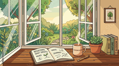 фотографія Open Window View of Lush Garden and Steaming Coffee Cup with Journal Inspiring G