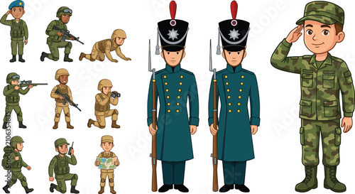 Tableau sur toile Cartoon Military Soldier Character Set Featuring Camouflage Uniforms Saluting Of
