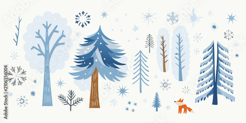 Slika na platnu Winter Trees And Snowflakes A Blue toned Vector Illustration