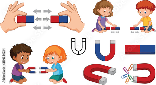 Konstfotografi Cute Cartoon Kids Magnet Experiment Vector Set Featuring Horseshoe Bar Magnets a