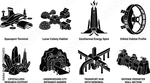 Foto Futuristic space colonization buildings black silhouettes set featuring spacepor