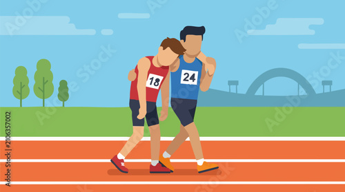 Tablou pe pânză Athlete helping an injured or exhausted runner on a track, sportsmanship
