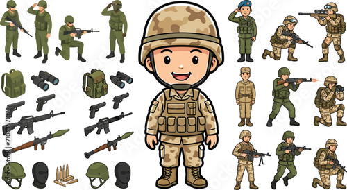 Foto Cute Cartoon Military Soldier Character Set with Camouflage Uniform Rifle Weapon