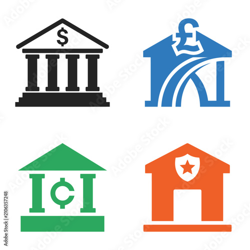 Fotografie Set of four simple bank building icons with dollar pound and cent currency symbo