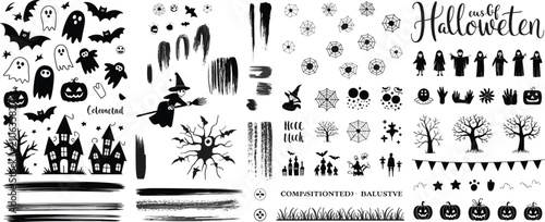 Halloween spooky elements collection with ghosts, bats, witches, haunted houses, spiderwebs, and creepy trees for festive design flat vector illustration