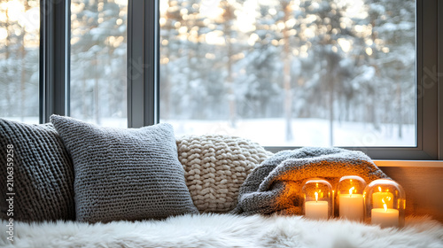 Cozy winter window sill with comfortable pillows blankets and burning candles