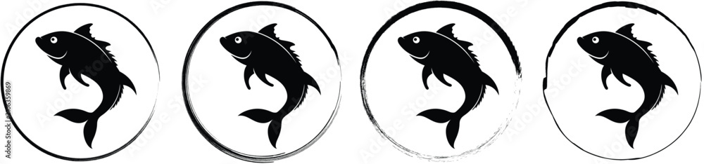 Naklejka premium Four circular badges featuring a black fish silhouette jumping or swimming upwards on a white background
