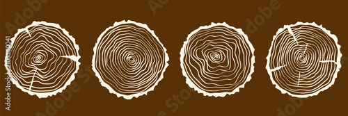 Tree ring wood trunk cut line texture pattern doodle annual border with organic wooden stump slices and rustic bark texture in earthy natural vector illustration style