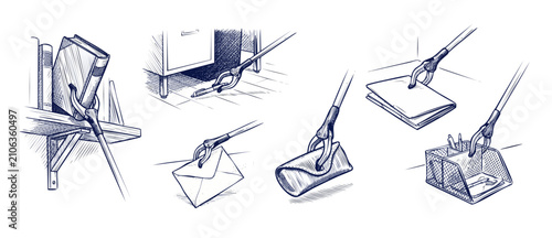 Reacher grabber tool mobility aid showing household uses in blue ink sketch illustration, picking up book, pen, envelope, and glasses case for accessibility assistance and elderly independent living.