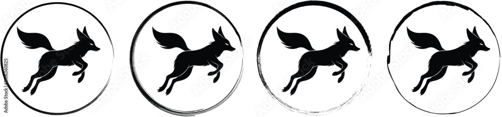 Obraz premium Collection of four circular showing a black silhouette of a jumping fox inside a circular frame on a white background