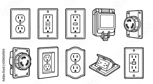 Foto Technical set of electrical power outlet and wall receptacle icons for home impr
