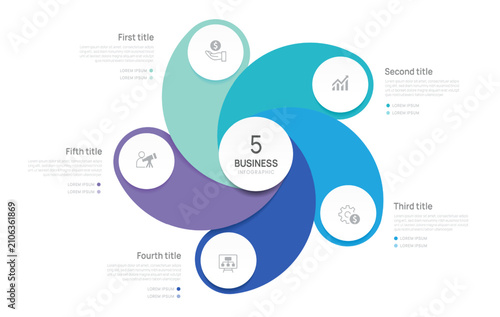 Venn diagram infographic chart template for business 5 options presentation and icon elements, 5 steps business success concept.