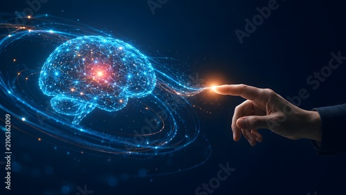 Artificial intelligence machine learning concept visualizing finger touching glowing digital brain network sparking with innovative energy.