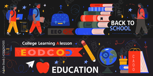 Quadro su tela Back To School Illustration With Students Books And Educational Elements