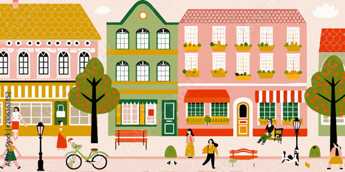 Quadro su tela Colorful street scene illustration with buildings people and trees