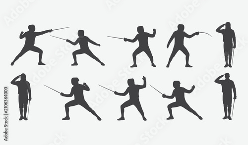Professional Fencing Athletes Silhouette Vector Set, Fencer Poses with Foil Sword Fighting and Saluting Collection