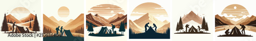 Silhouette vector of a couple working together to set up a camping tent in a mountainous area. Vector, illustration, minimalist, flat