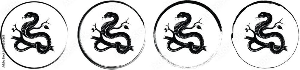 Fototapeta premium Set of four circular featuring a black silhouette of a coiled snake resting on a branch, isolated on a white background, style