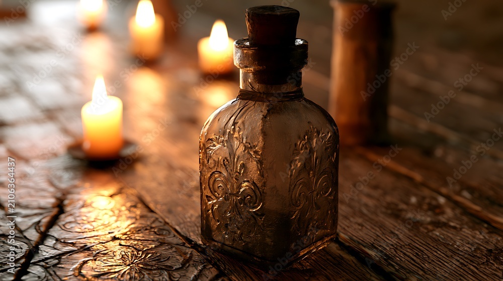 Fototapeta premium Vintage glass potion bottle with warm candlelit atmosphere.
