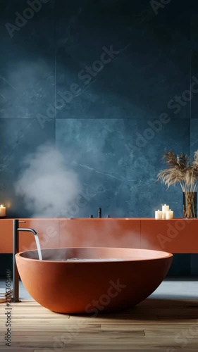 Round terracotta bathtub emitting steam in modern bathroom