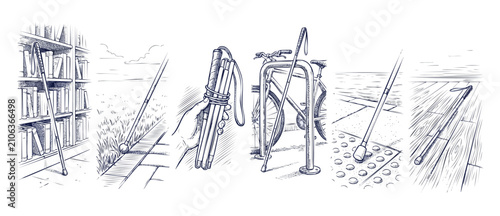 White cane for blind sketch showing diverse daily accessibility scenes in detailed blue line art style, including tactile paving, library, hand holding folded cane, and outdoor independence concepts.