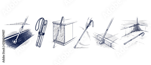 White cane blind mobility illustration set showing folded cane, tactile paving navigation, rolling tip, and holding positions for visually impaired orientation and accessibility line art drawings.