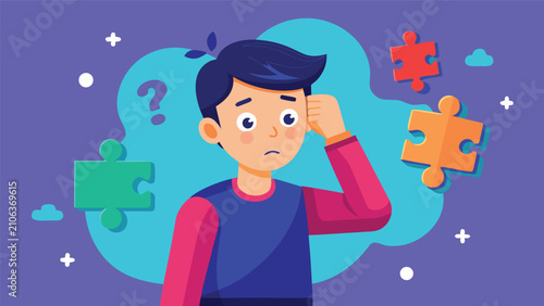 Confused young boy with puzzle pieces floating around him during a difficult decision or problem-solving