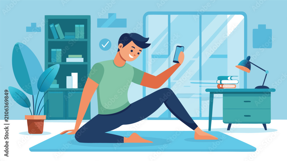 Obraz premium Man taking selfie with smartphone during home workout on yoga mat with plants and books