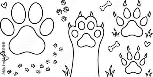 Canvas Print Animal paw print line art vector icon set featuring dog tracks claws bones heart