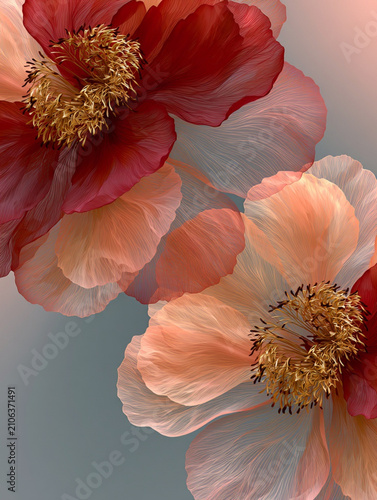 Elegant Peony Flower Digital Painting with Crimson and Apricot Petals