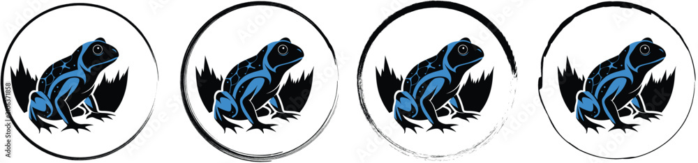 Obraz premium Four circular featuring a blue and black frog silhouette with a dark forest background, isolated on a white background