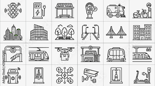 Bild auf Leinwand Modern Black and White Line Icons Set Featuring Smart City Transportation Infras
