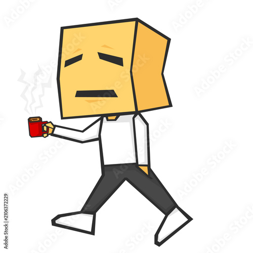 A simple illustration of a meme of man with cardboard box head walking while holding a cup of coffee
