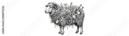 Konstfotografi Detailed ink drawing of a sheep adorned with various objects.