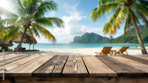 Empty wooden table top with blurred tropical beach and palm trees background