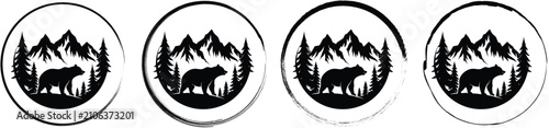 Four circular badges featuring a bear walking in front of a mountain and pine tree forest landscape, isolated on white background