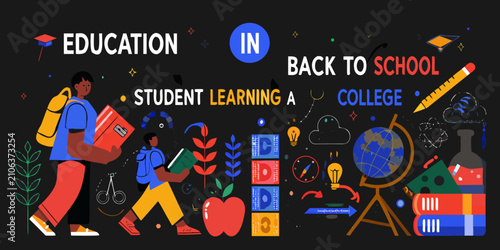 Education themed vector illustration with students books and school supplies