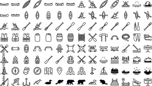 Canoe and Kayaking Water Sports Line Icon Set with Outline Symbols for Paddling Oars, Life Jackets, River Navigation Maps, and Camping Lake Recreation